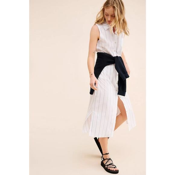 DONNI White Blue Striped Sleeveless Collared Neckline Button Front Dress Size L - Picture 4 of 11